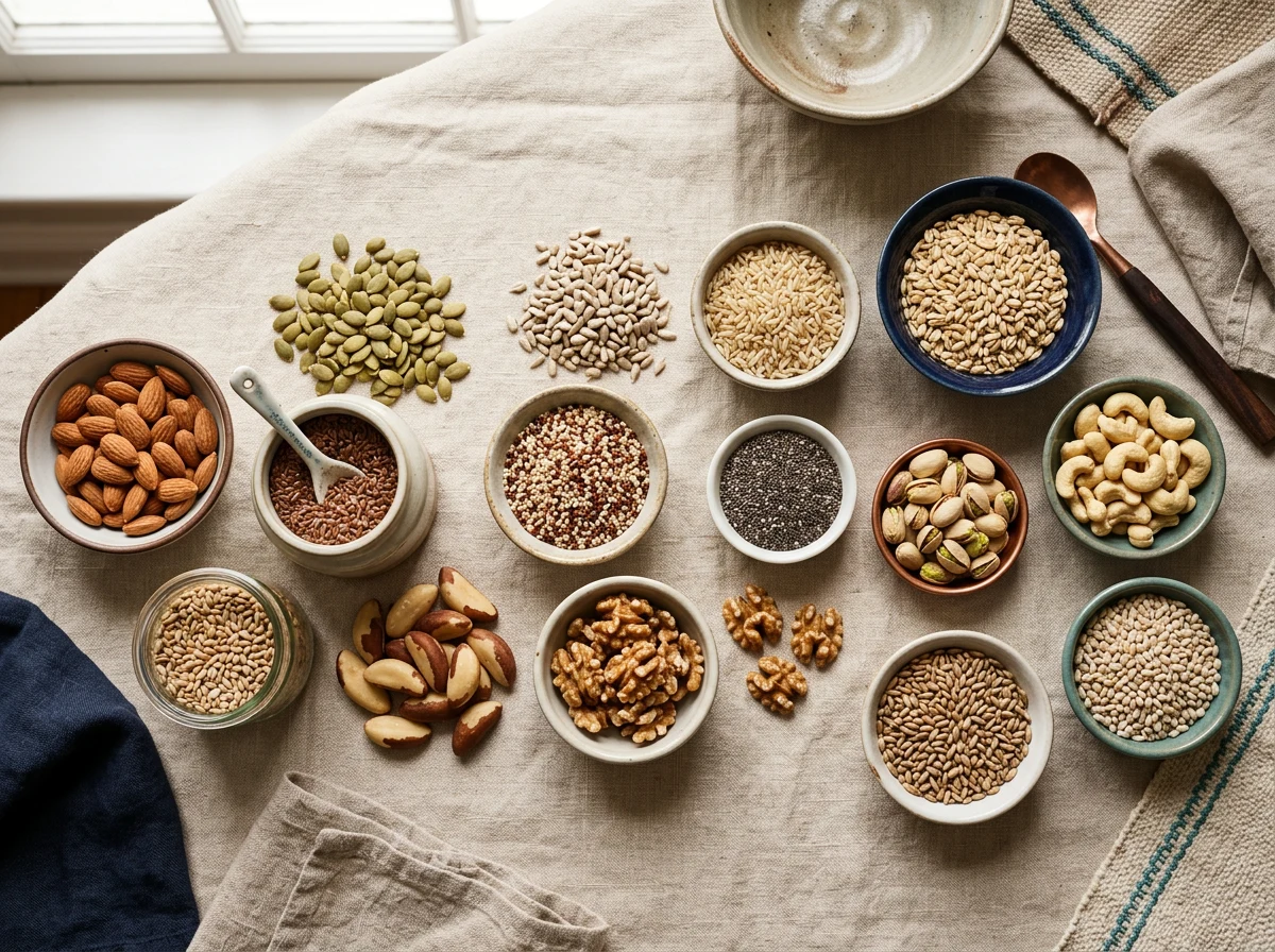 Zinc and selenium rich foods - nuts, seeds and grains for men's daily wellness