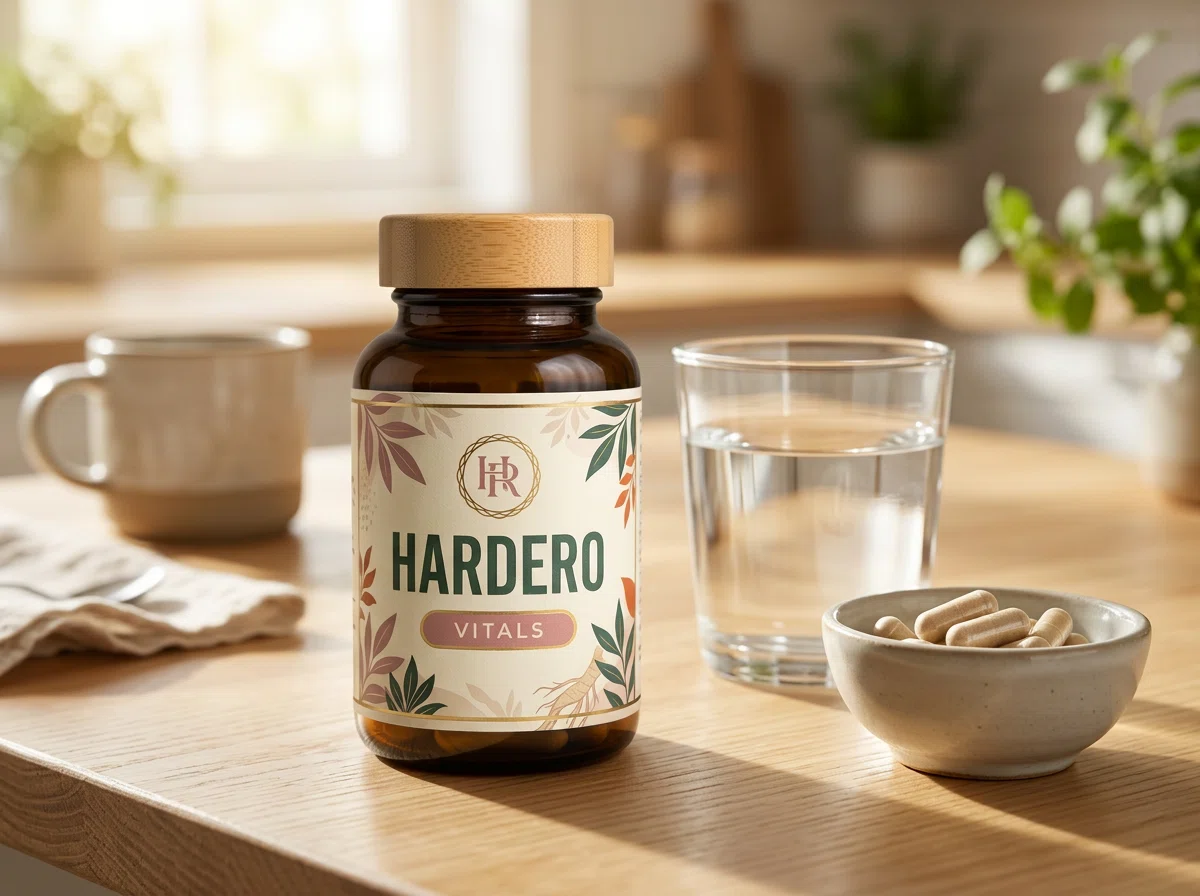 Hardero supplement bottle on stone countertop with glass of water - natural pelvic circulation support